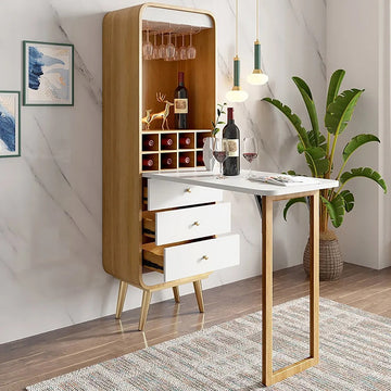 Foldable Bar Cabinet Convertible with Wine Rack & Table & 3 Drawers